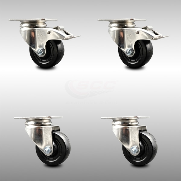 3 Inch 316SS Hard Rubber Wheel Swivel Top Plate Caster Lock Brakes SCC, 2PK